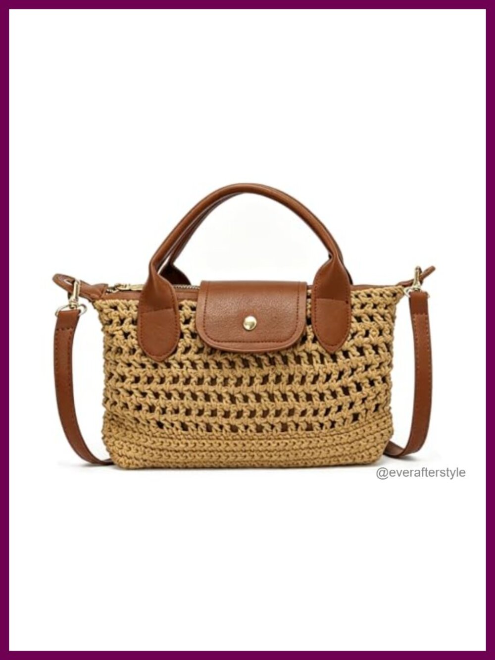 Crochet Woven Tote Bag with Leather Trim Crossbody Satchel Boho Summer Handbag
